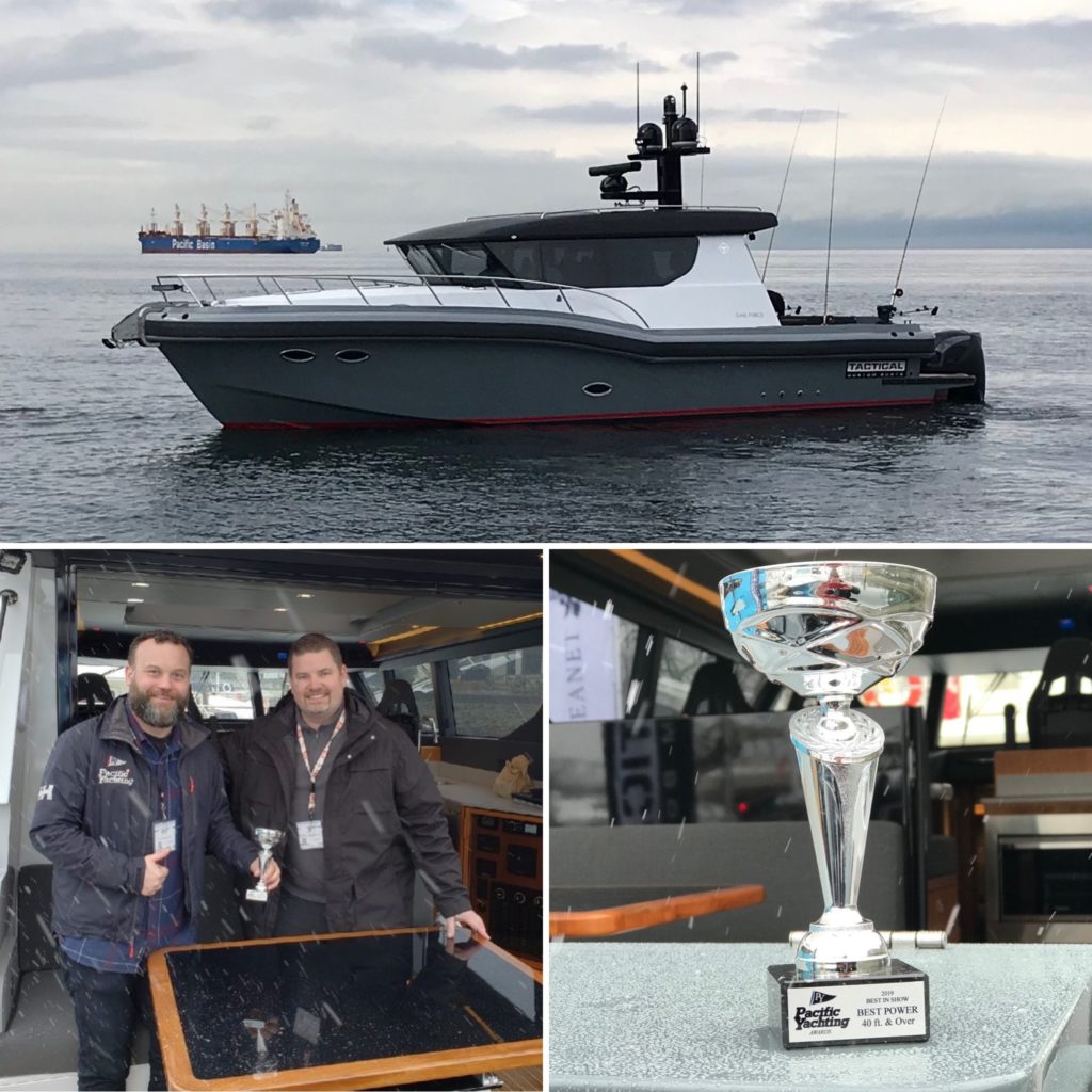 Dale Miller, Editor of Pacific Yachting Magazine, awards Tim Charles, Owner of Tactical Custom Boats, with “Best in Show” for power boats over 40’ at the 2019 Vancouver International Boat Show.